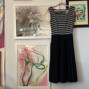 S, 28-32” Waist, 60s Knit Lori-Ann Stripe And Pleated Skirt Knit Dress